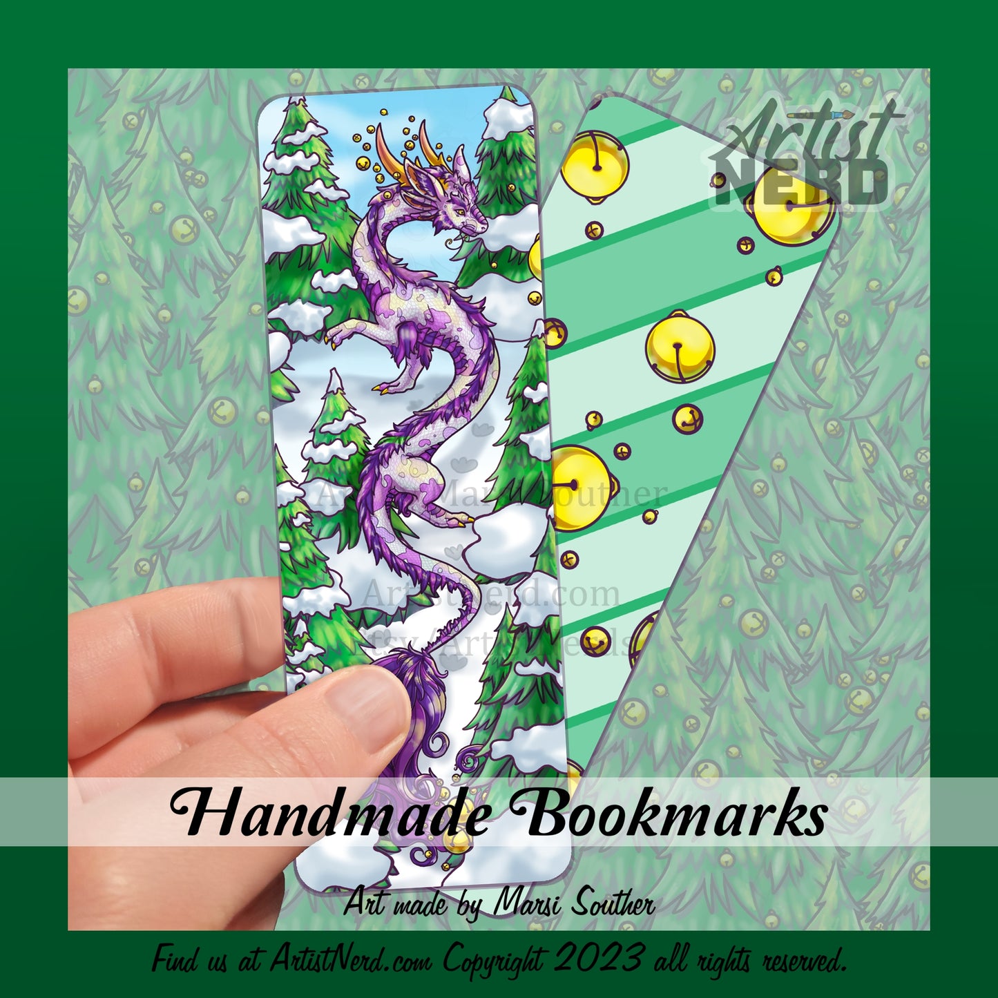 Winter Evergreen Dragon Jinglebell Bookmark