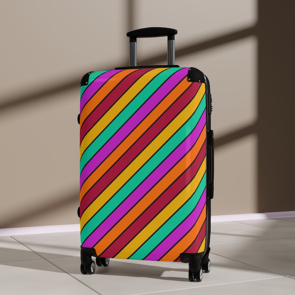 Bright Striped Suitcase Carry On Luggage | Orange Magenta Aqua Red Black