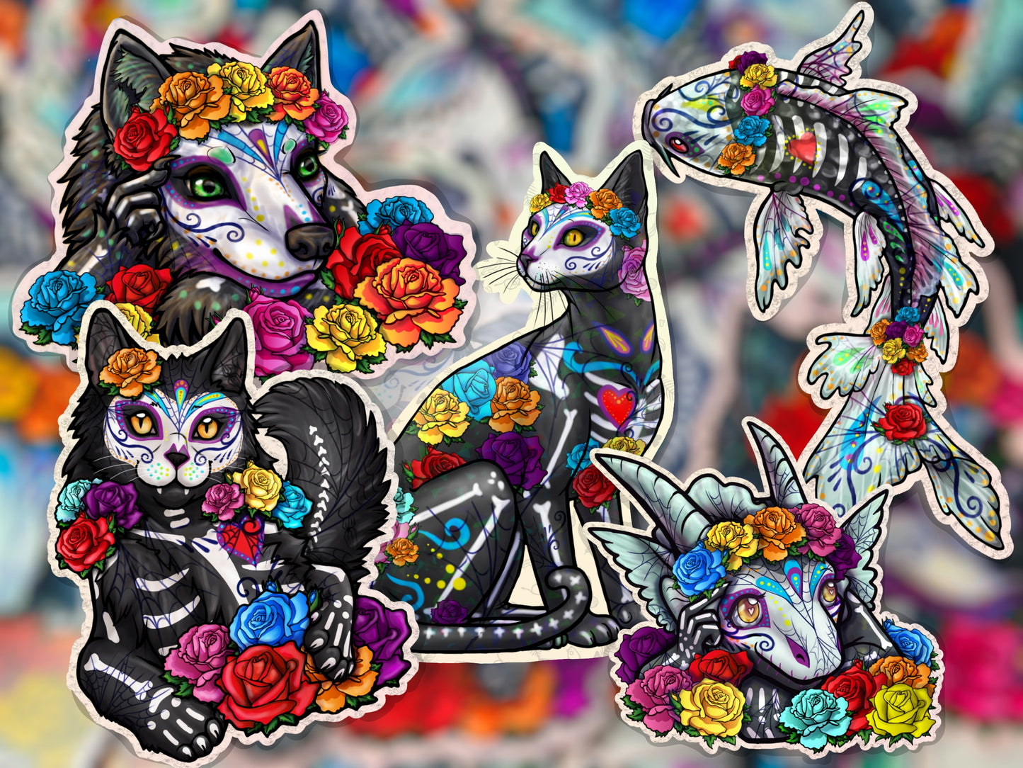 SET OF 5 Sugar Skull Cat Dog Koi Lolipond Waterproof Laminated Vinyl Stickers Matte Día de los Muertos | Day of the Dead
