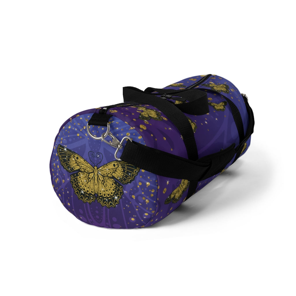 Gold Glitter Butterfly on Midnight Duffel Bag