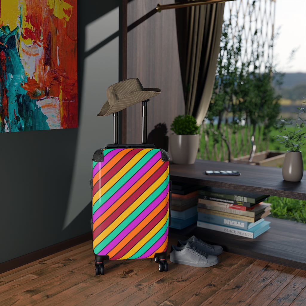 Bright Striped Suitcase Carry On Luggage | Orange Magenta Aqua Red Black