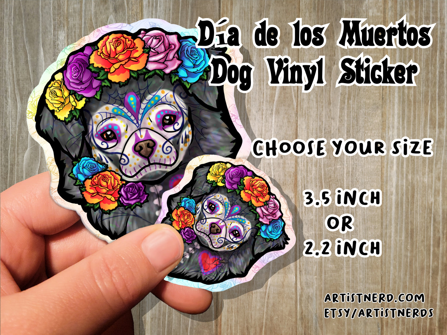 Sugar Skull Dog Vinyl Sticker 2 or 3.5 inch Laminated Waterproof Day of the Dead Día de Muertos Perro Pomeranian Fluffy Inu
