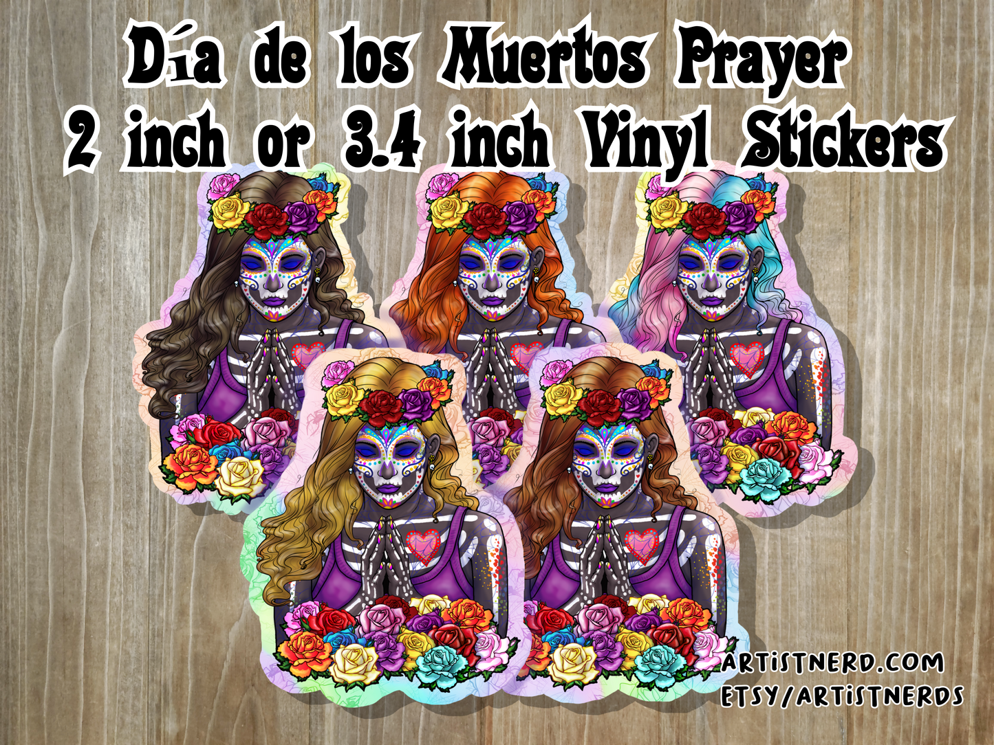 Sugar Skull Vinyl Sticker 2 or 3.4 inch Longhair Woman Prayer Laminated Waterproof Día de Muertos Day of the Dead