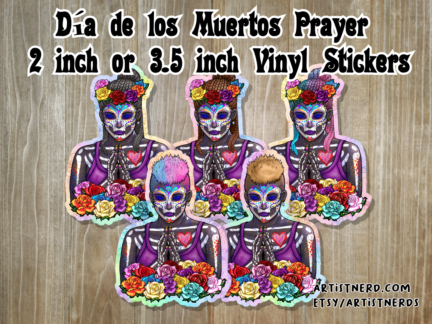 Sugar Skull Vinyl Sticker 2 or 3.5 inch Dreadlock Braids Prayer Laminated Waterproof Día de Muertos Day of the Dead