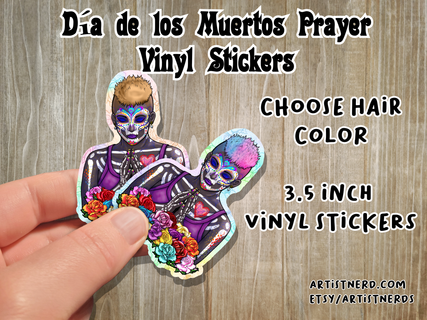 Sugar Skull Vinyl Sticker 2 or 3.5 inch Buzz Prayer Laminated Waterproof Día de Muertos Day of the Dead