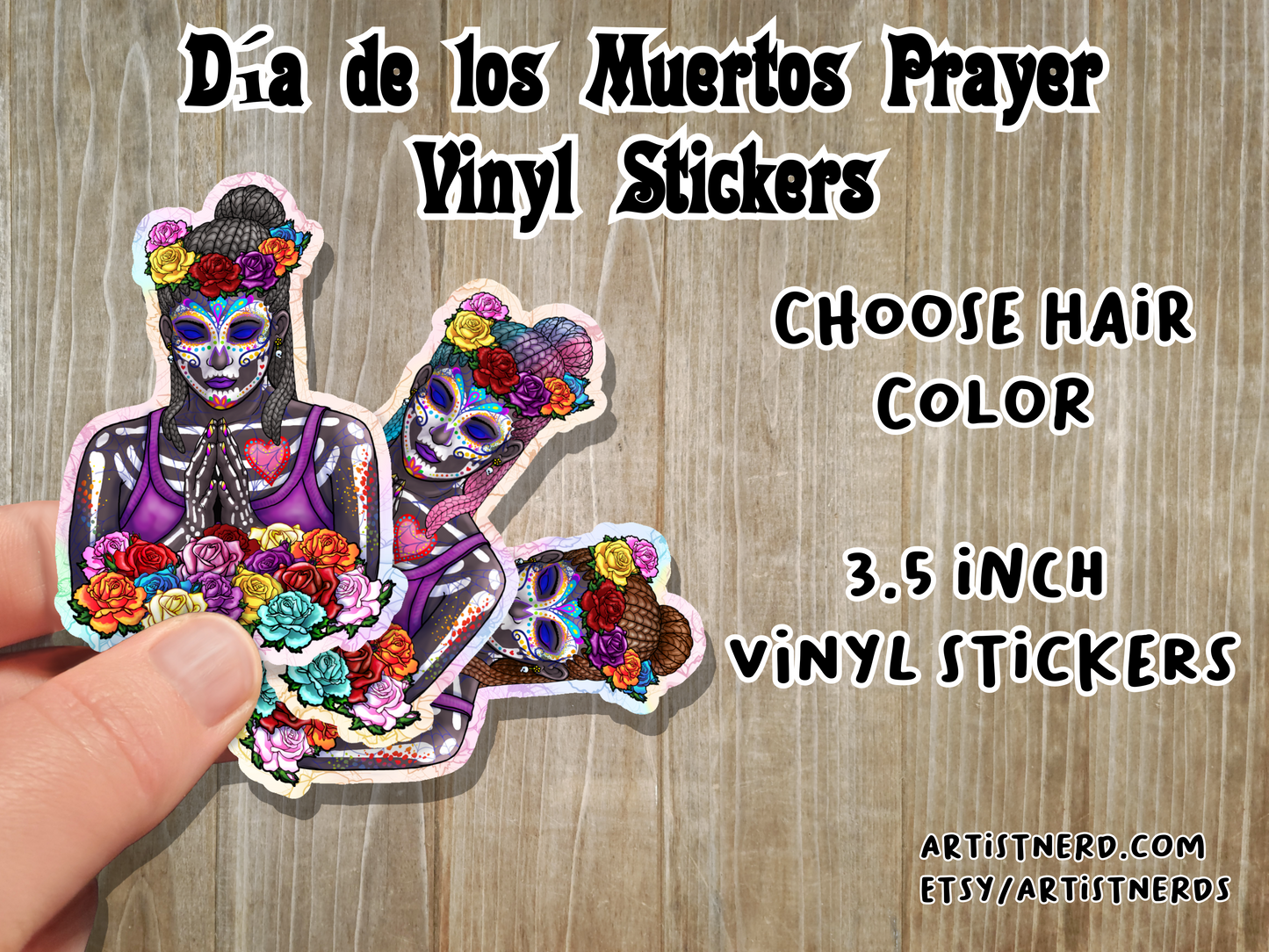 Sugar Skull Vinyl Sticker 2 or 3.5 inch Dreadlock Braids Prayer Laminated Waterproof Día de Muertos Day of the Dead