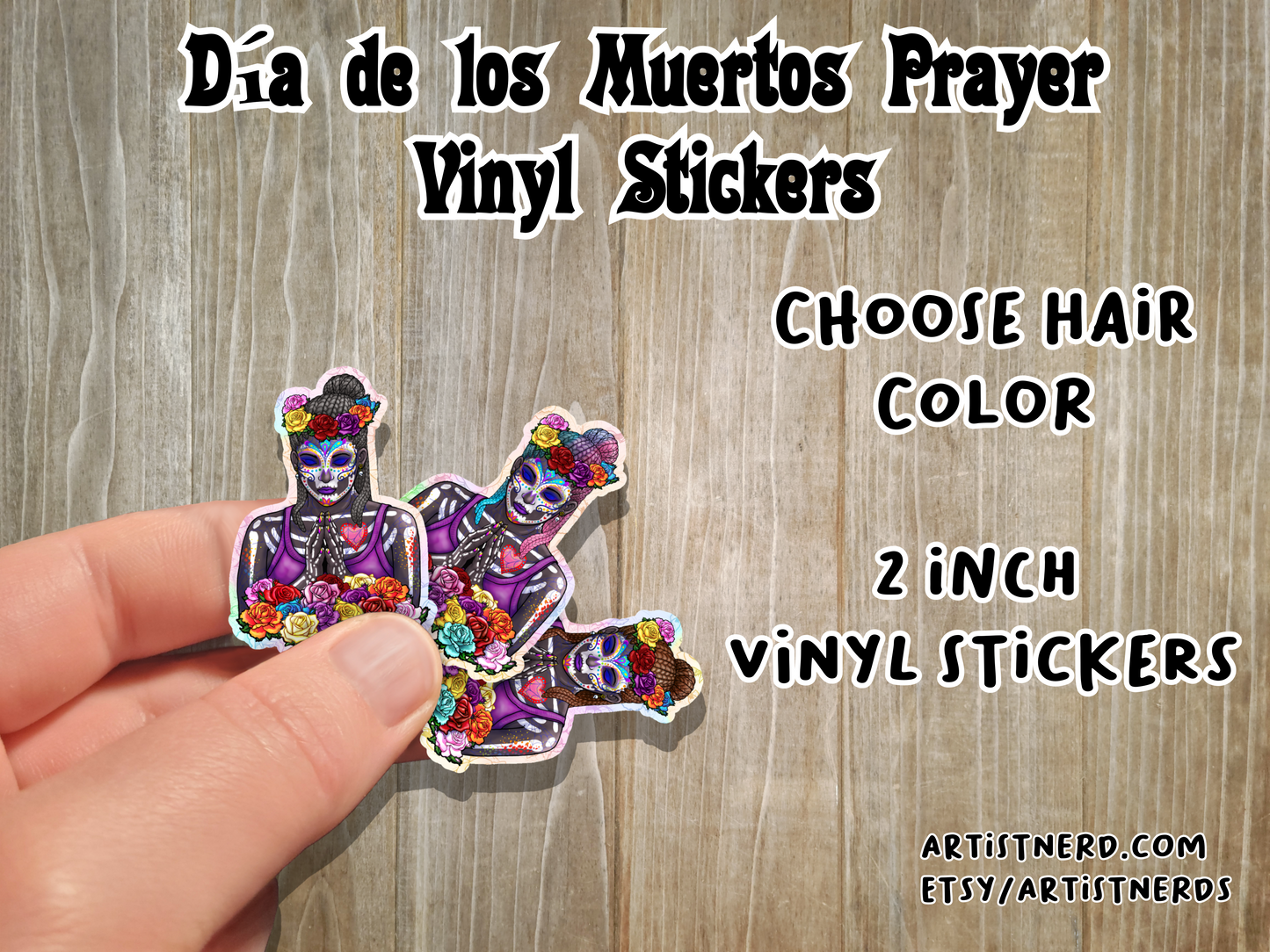 Sugar Skull Vinyl Sticker 2 or 3.5 inch Dreadlock Braids Prayer Laminated Waterproof Día de Muertos Day of the Dead