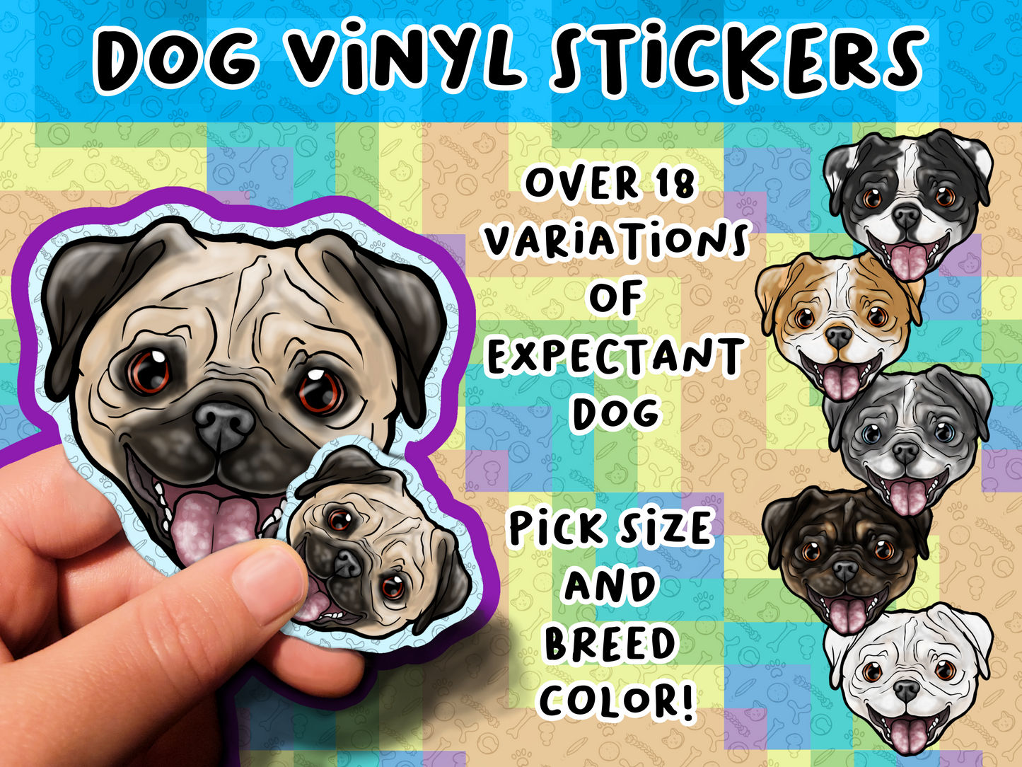 Expectant Pug Bulldog Dog Waterproof Laminated Vinyl Stickers 1.5 inch 3.5 inch