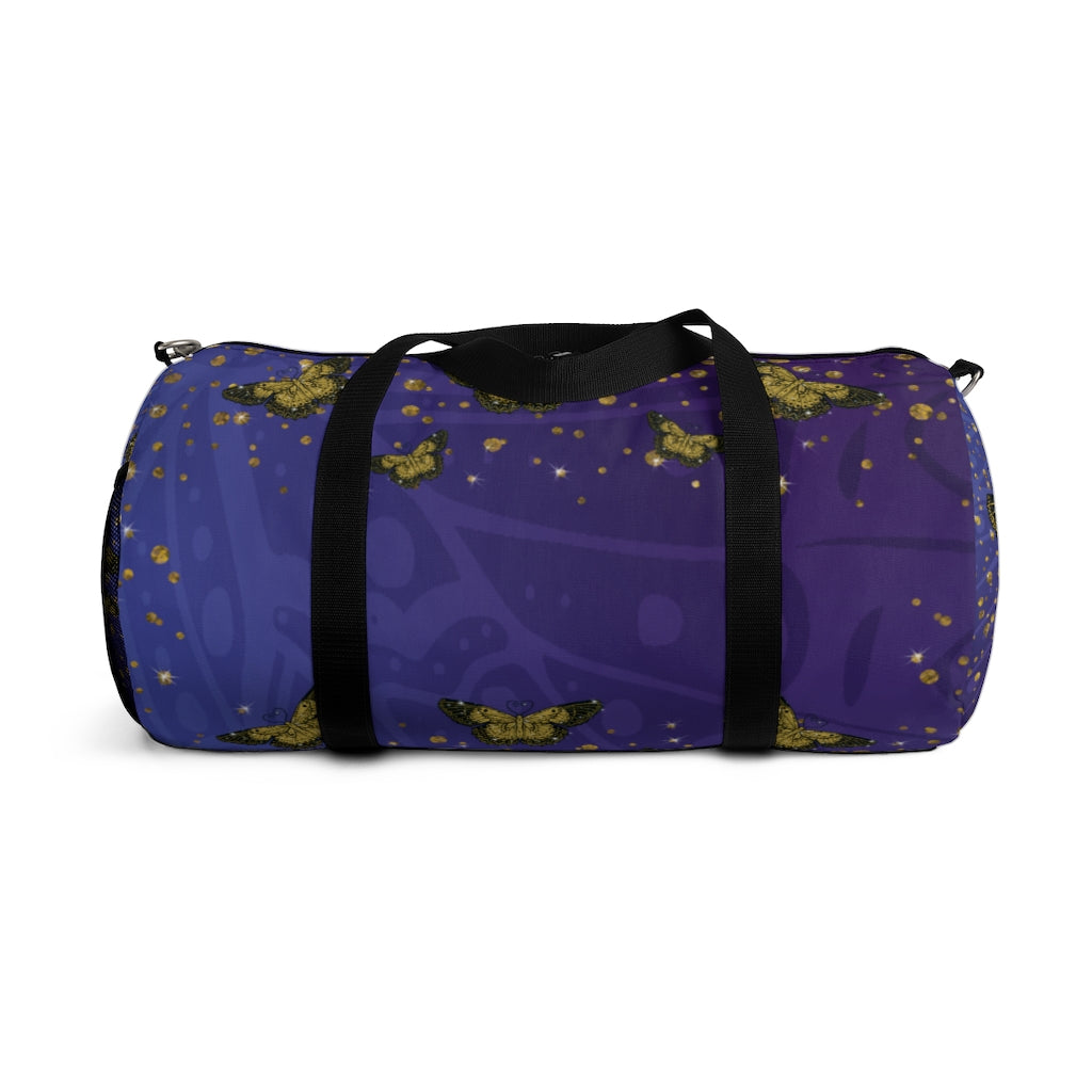 Gold Glitter Butterfly on Midnight Duffel Bag