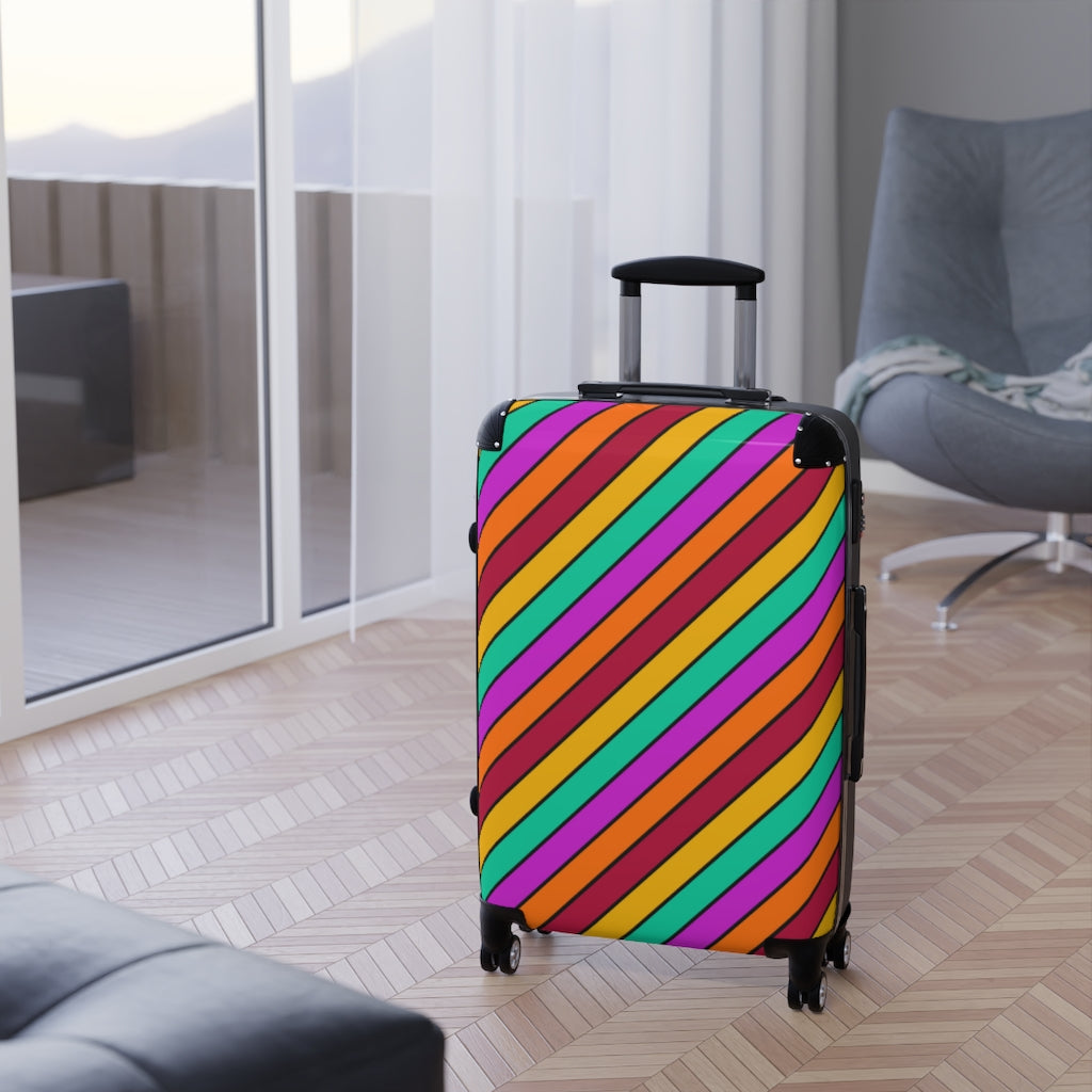 Bright Striped Suitcase Carry On Luggage | Orange Magenta Aqua Red Black
