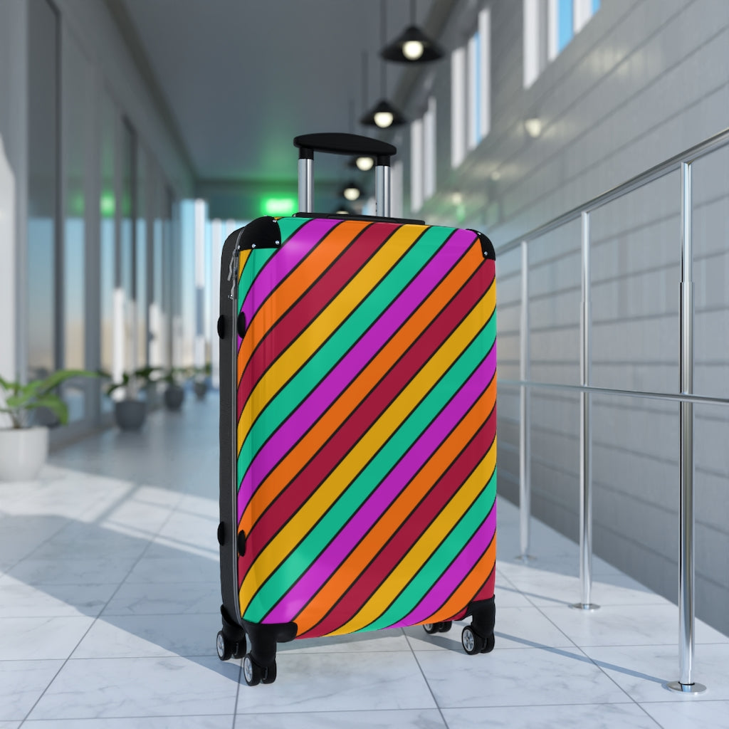 Bright Striped Suitcase Carry On Luggage | Orange Magenta Aqua Red Black