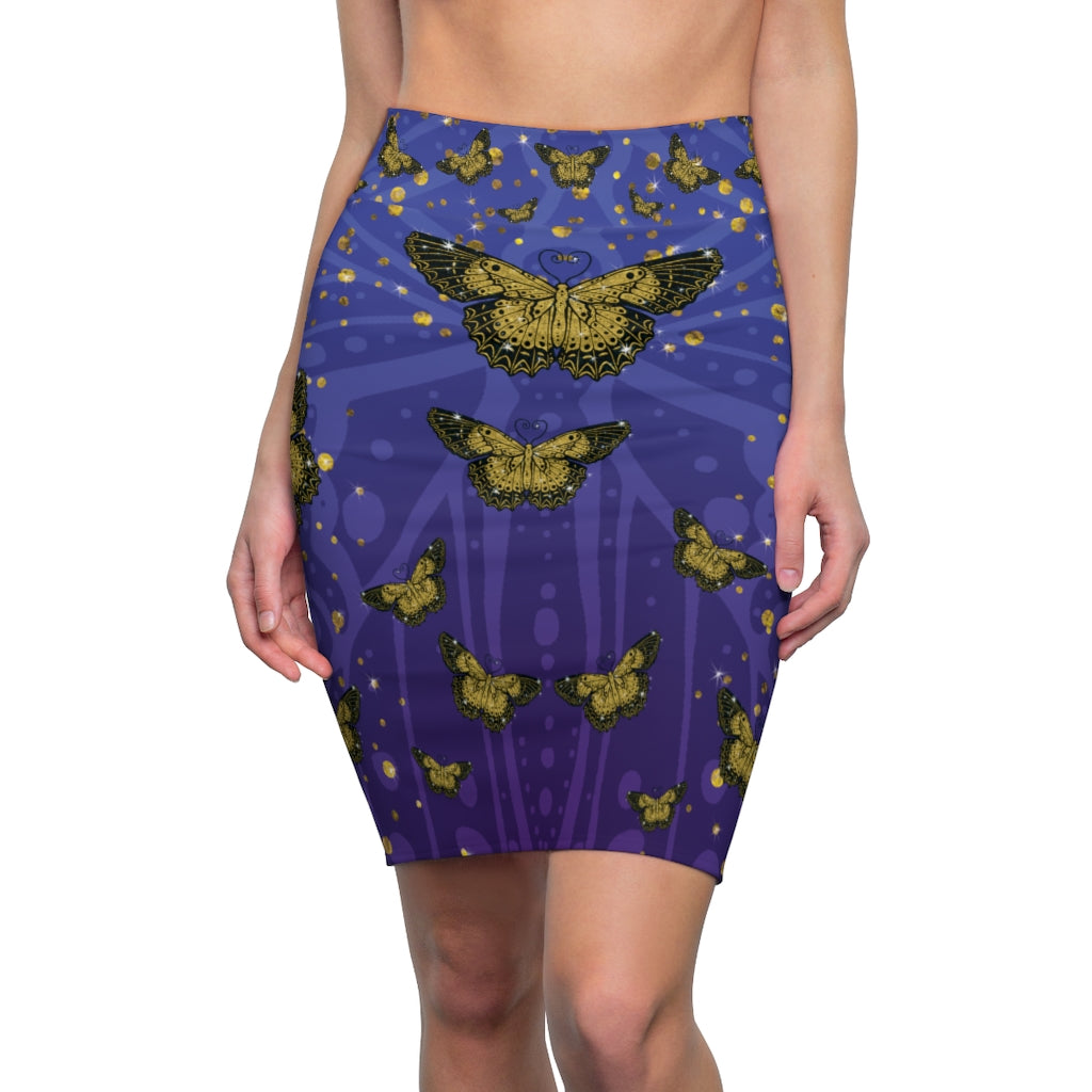 Gold Glitter Butterfly on Midnight Pencil Skirt