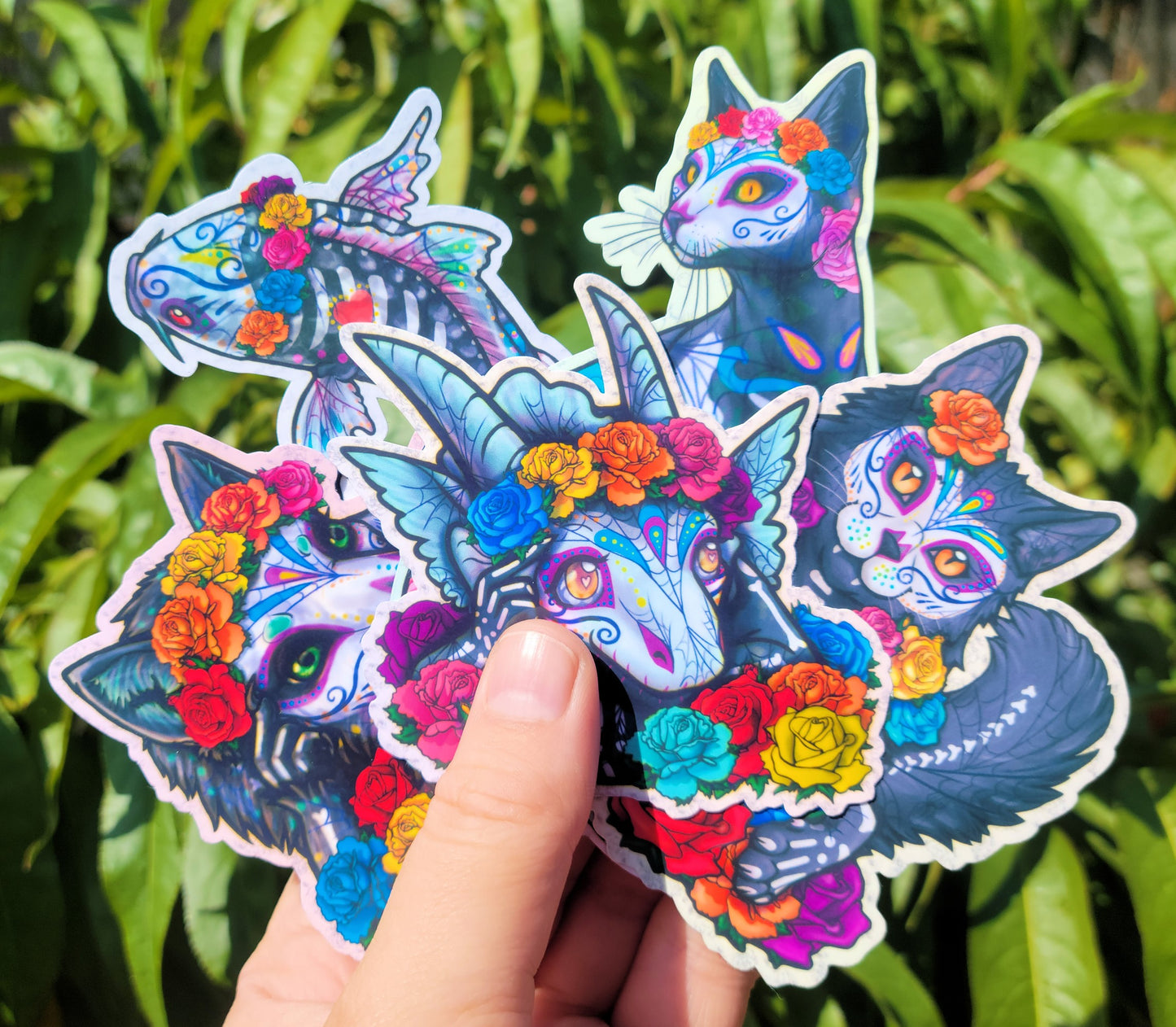SET OF 5 Sugar Skull Cat Dog Koi Lolipond Waterproof Laminated Vinyl Stickers Matte Día de los Muertos | Day of the Dead