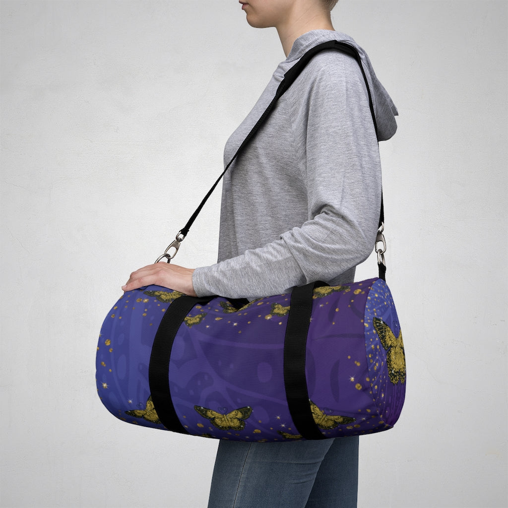 Gold Glitter Butterfly on Midnight Duffel Bag
