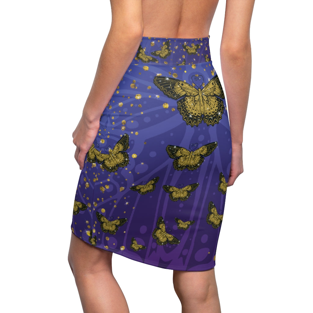 Gold Glitter Butterfly on Midnight Pencil Skirt