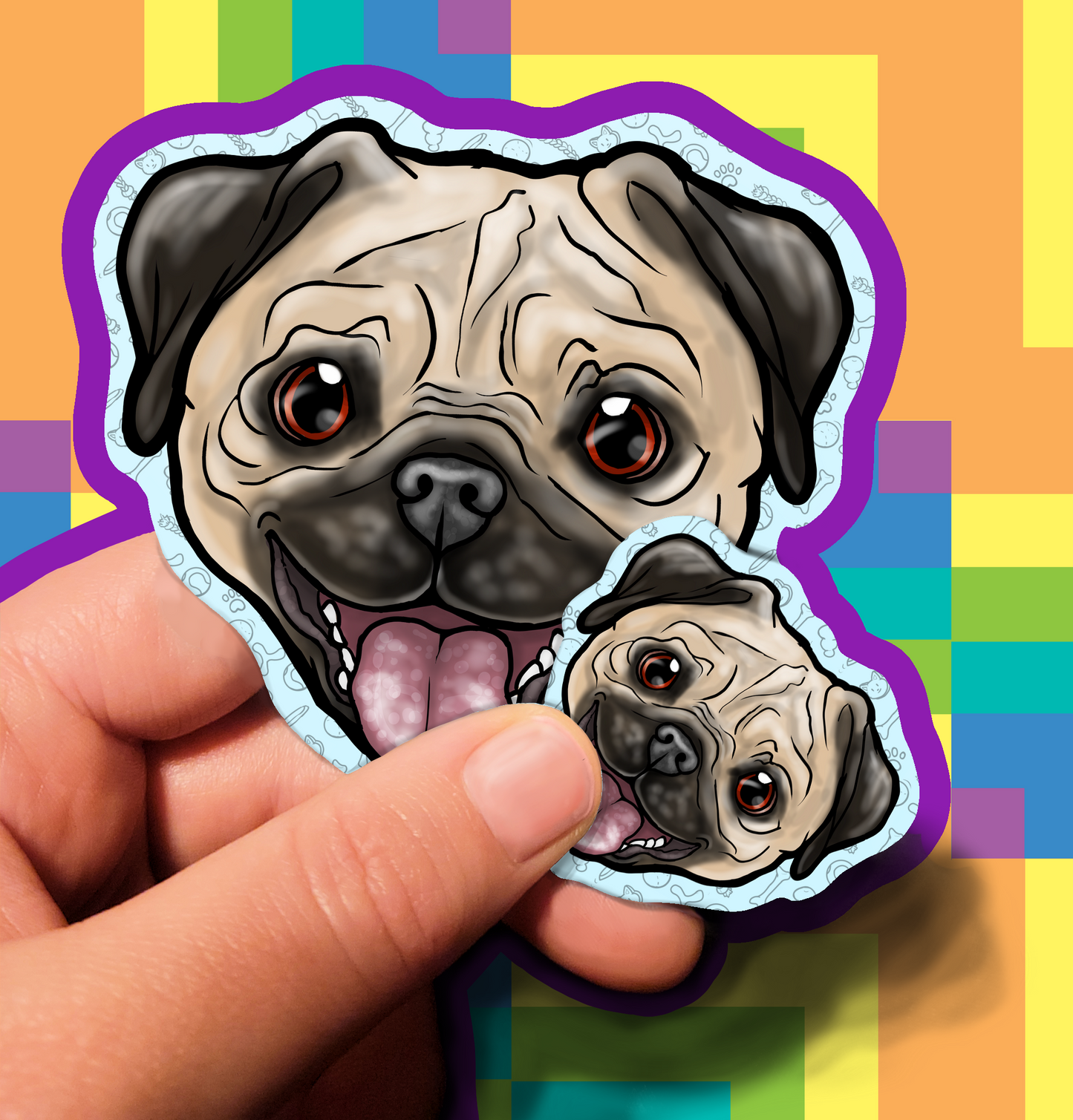 Expectant Pug Bulldog Dog Waterproof Laminated Vinyl Stickers 1.5 inch 3.5 inch