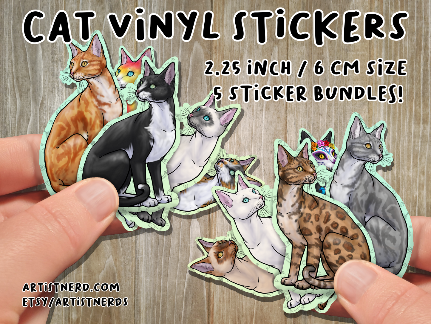 Bundle (5) 2 inch Sitting Lucky Cat Neko Gato Waterproof Laminated Vinyl Stickers Matte