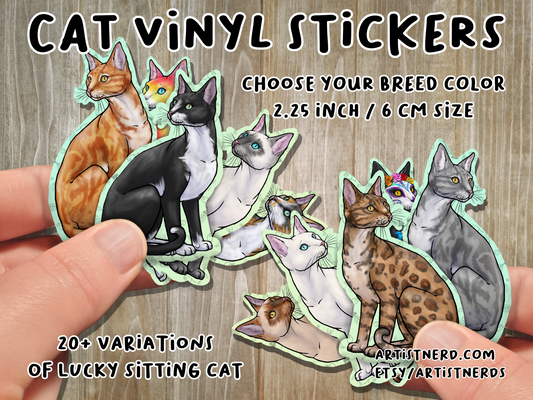 2.25 inch Sitting Lucky Cat Neko Gato Waterproof Laminated Vinyl Stickers Matte