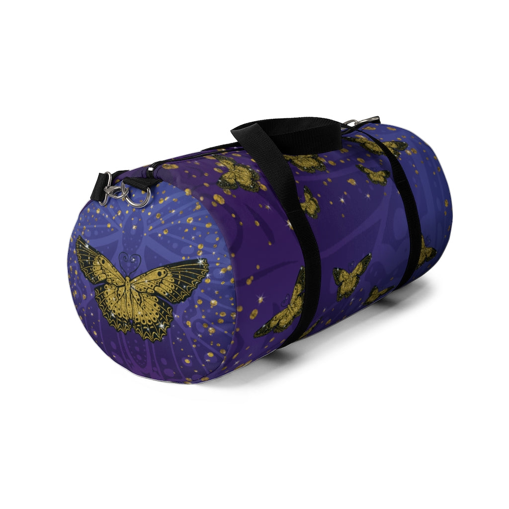 Gold Glitter Butterfly on Midnight Duffel Bag