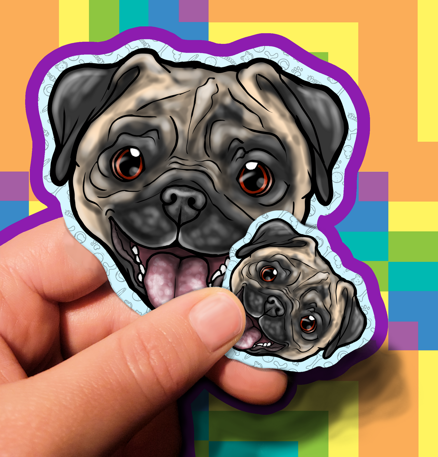 Expectant Pug Bulldog Dog Waterproof Laminated Vinyl Stickers 1.5 inch 3.5 inch