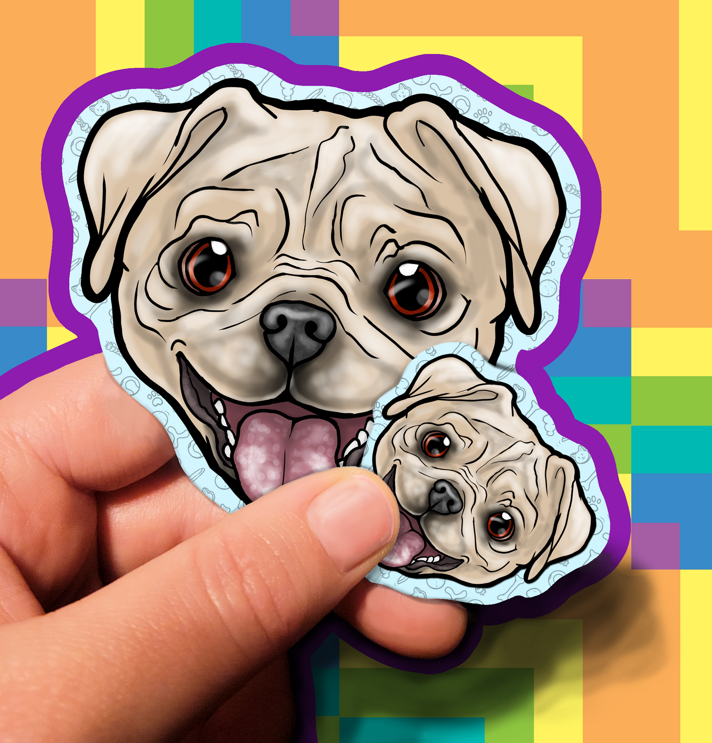 Expectant Pug Bulldog Dog Waterproof Laminated Vinyl Stickers 1.5 inch 3.5 inch