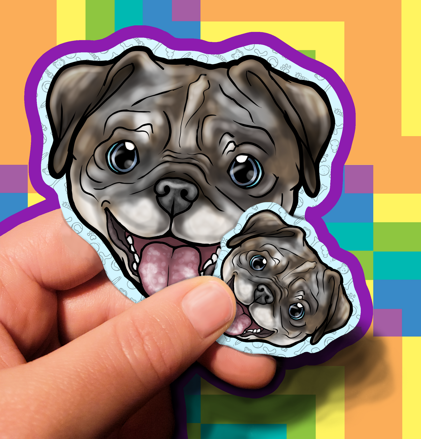 Expectant Pug Bulldog Dog Waterproof Laminated Vinyl Stickers 1.5 inch 3.5 inch