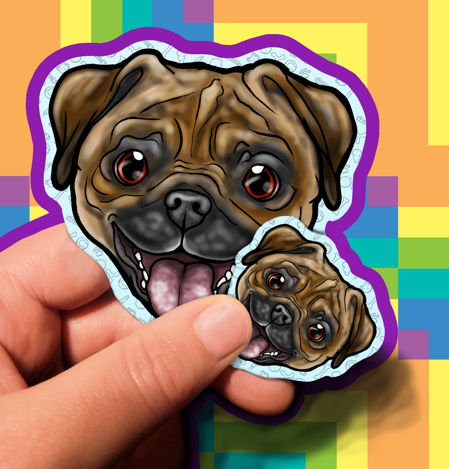 Expectant Pug Bulldog Dog Waterproof Laminated Vinyl Stickers 1.5 inch 3.5 inch