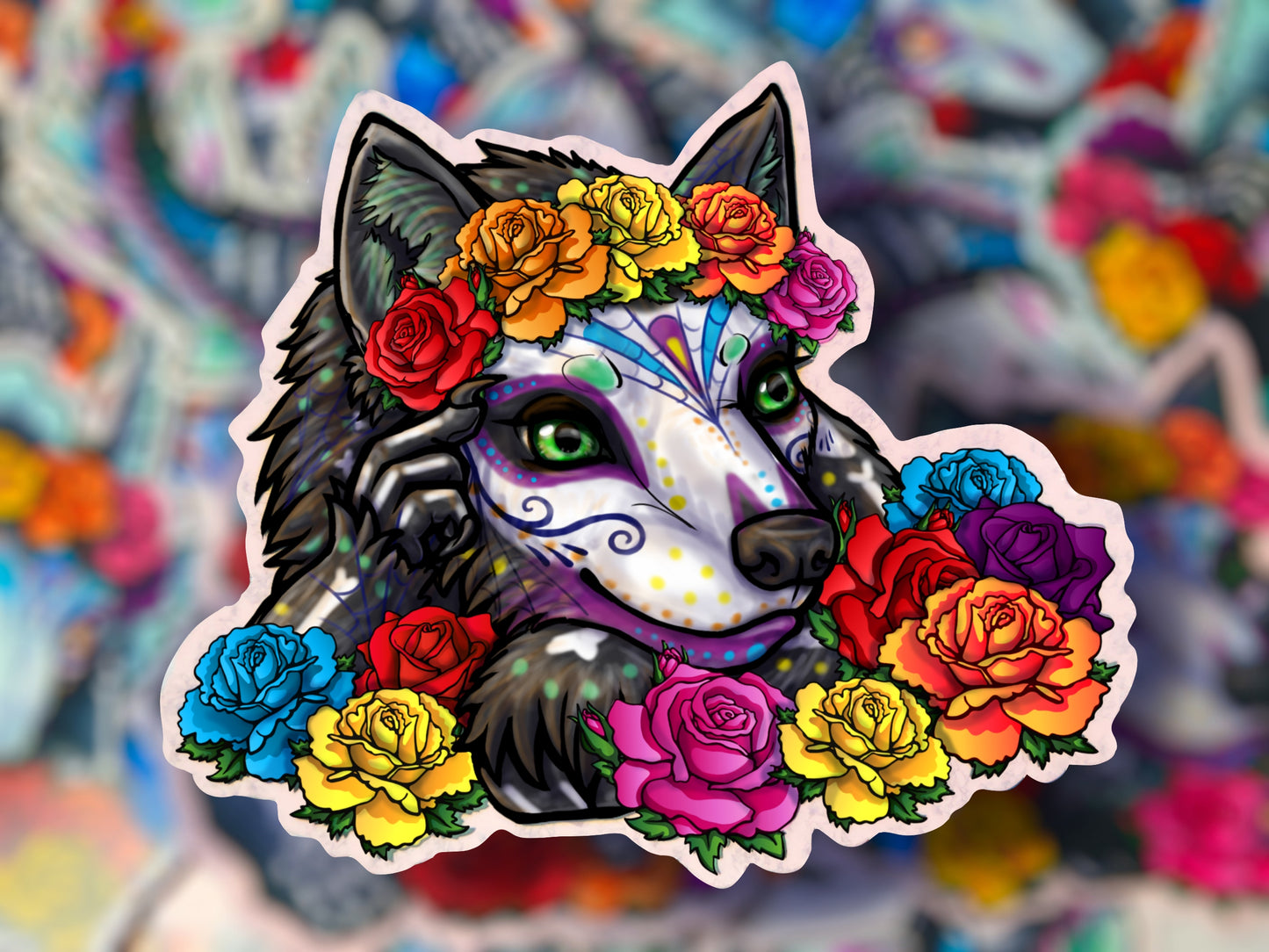 Sugar Skull Wolf Dog Waterproof Laminated Vinyl Stickers Día de los Muertos | Day of the Dead Werewolf Weredog Canine
