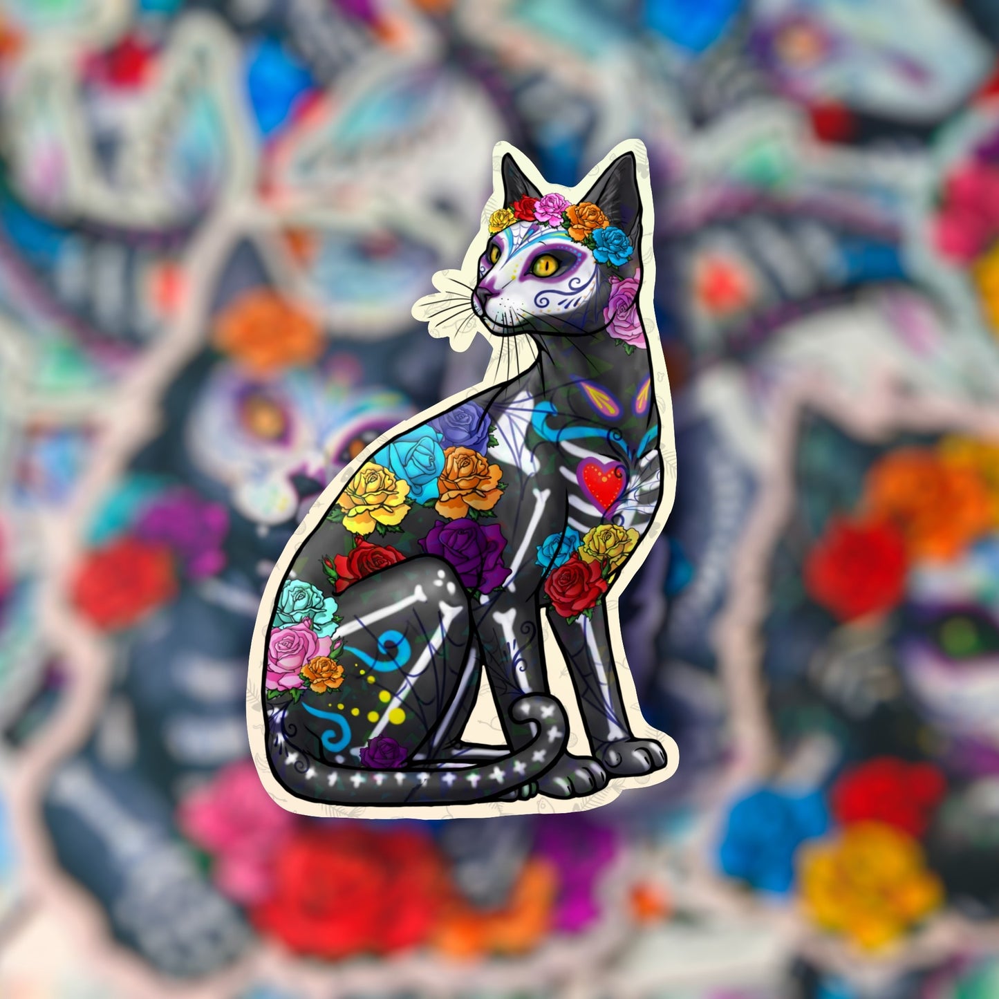 Sugar Skull Lucky Cat Waterproof Laminated Vinyl Stickers Día de los Muertos | Day of the Dead