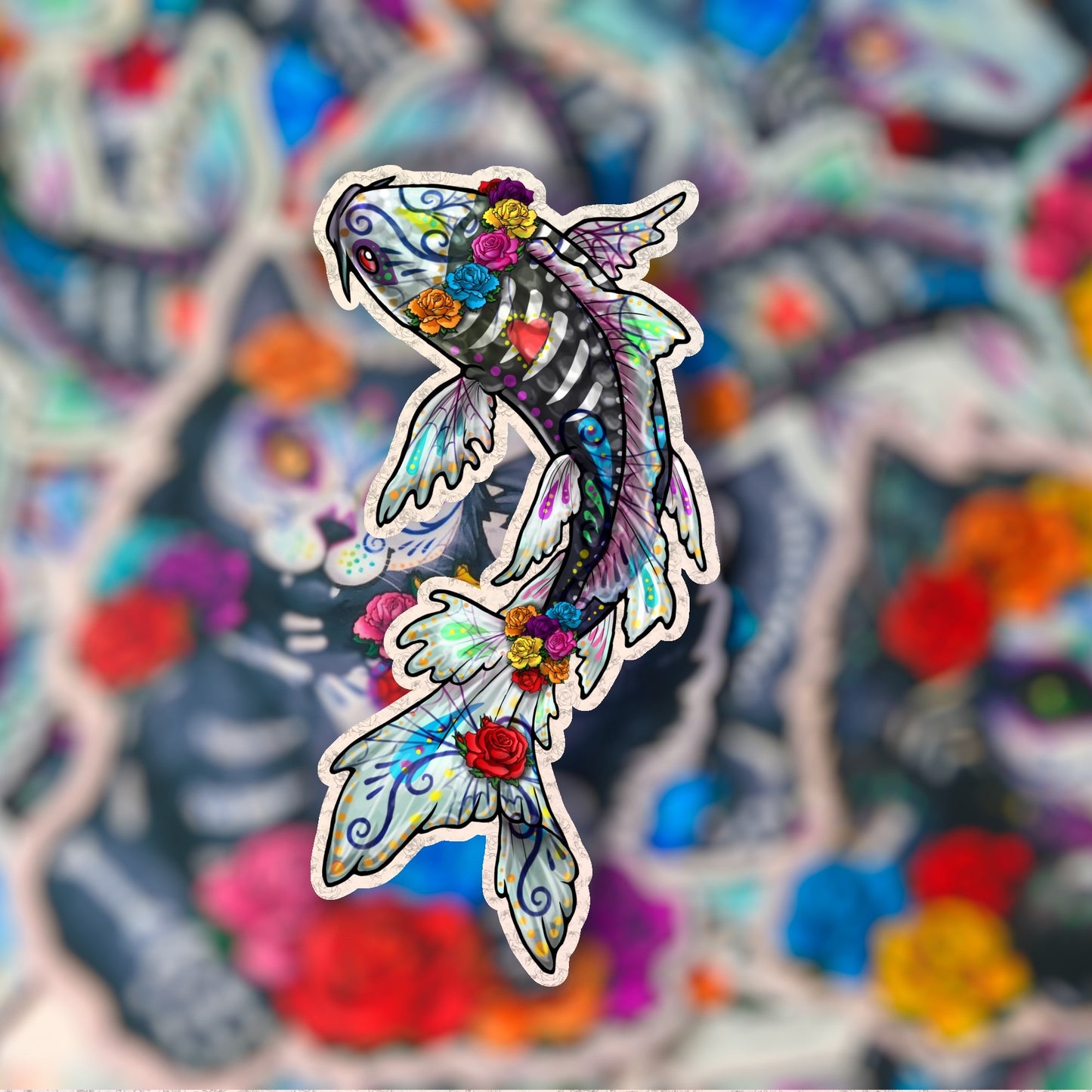 Sugar Skull Koi Fish Waterproof Laminated Vinyl Stickers Día de los Muertos | Day of the Dead