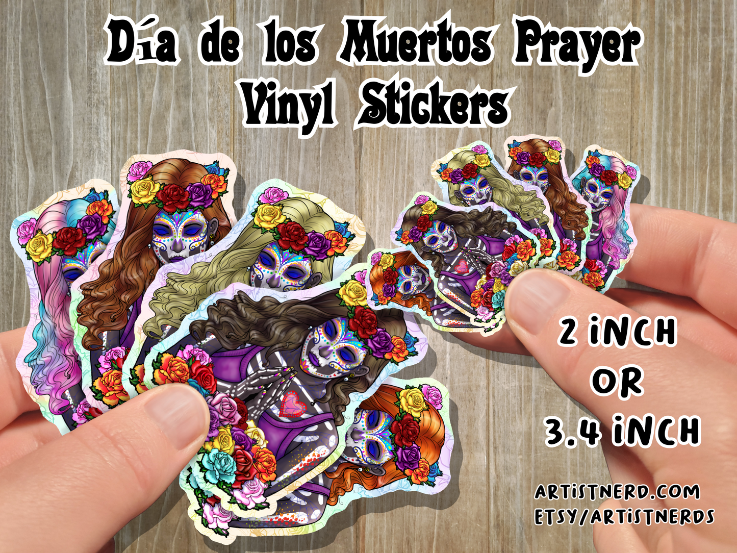 Sugar Skull Vinyl Sticker 2 or 3.4 inch Longhair Woman Prayer Laminated Waterproof Día de Muertos Day of the Dead