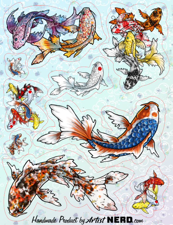 Fancy Koi Pond Laminated Vinyl Decal 5.5 inches Sticker Sheet - Matte Vinyl | Holographic Shimmer Foil Vinyl | Paper