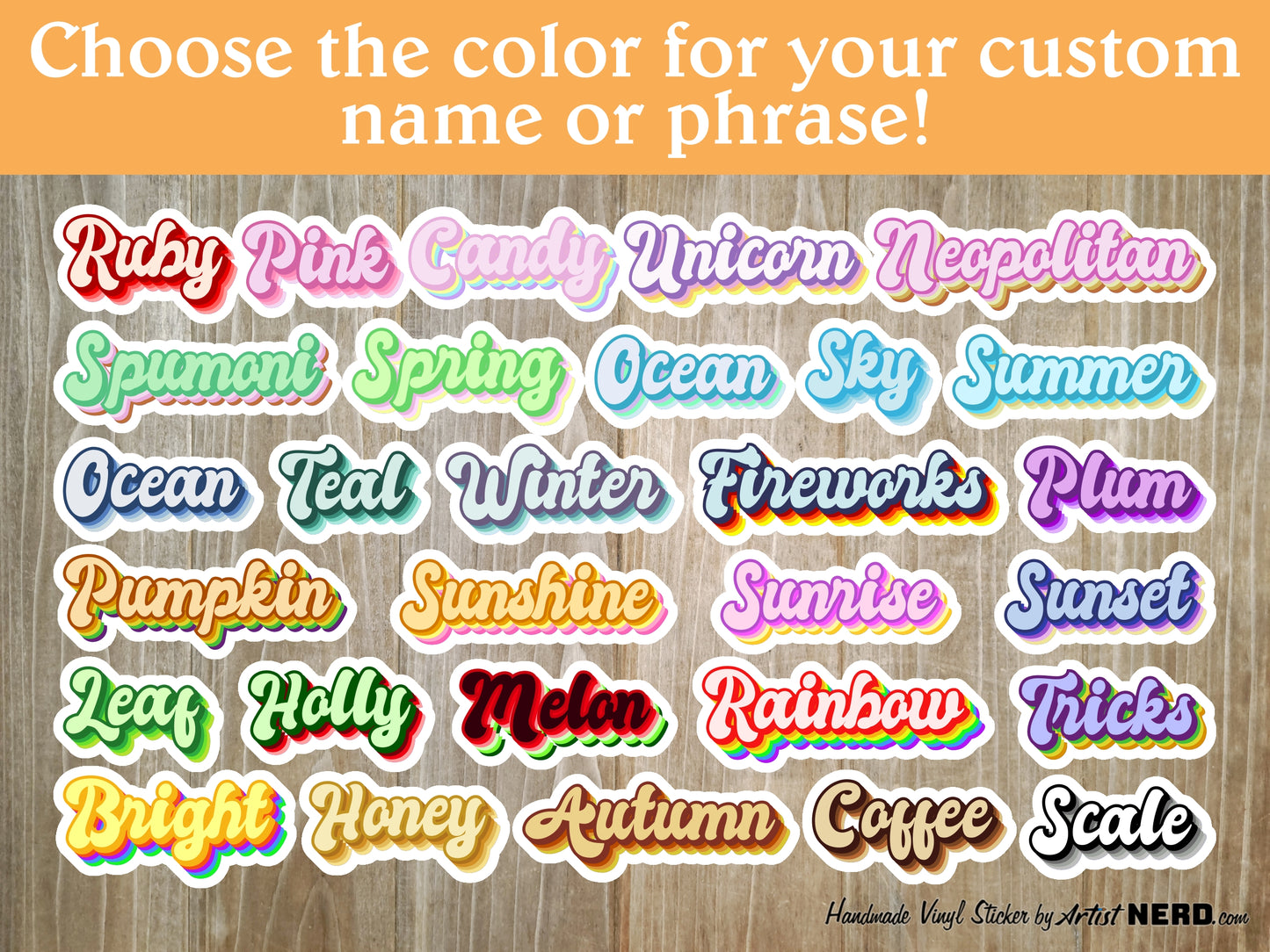 Retro Personalized Name Vinyl Sticker Rainbow Sheet - Choose your size