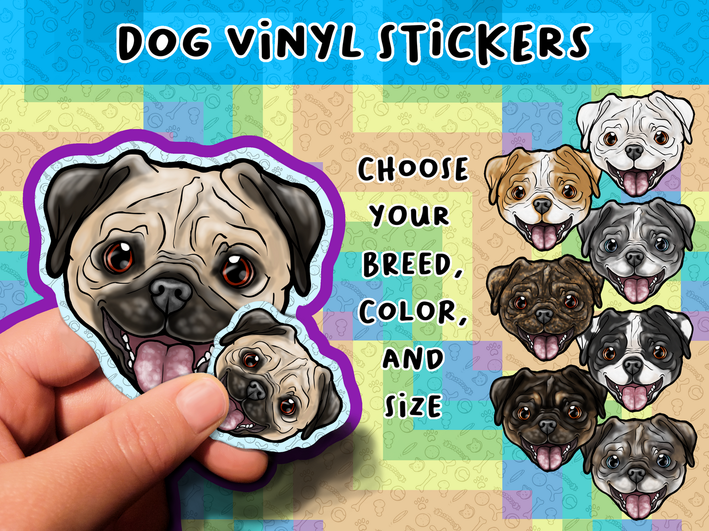 Expectant Pug Bulldog Dog Waterproof Laminated Vinyl Stickers 1.5 inch 3.5 inch